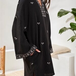 TRIBAL Black Embroidered Tunic hoodie Coverup Dress with pockets